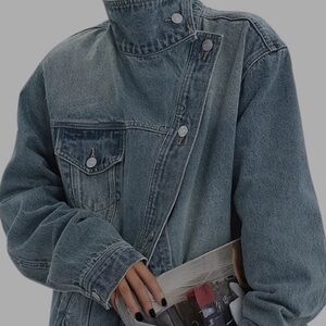 Women's Oversized Washed Denim Jacket - Blue - High Collar